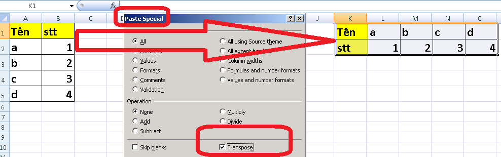 Chuyển dòng thành cột trong excel và ngược lại