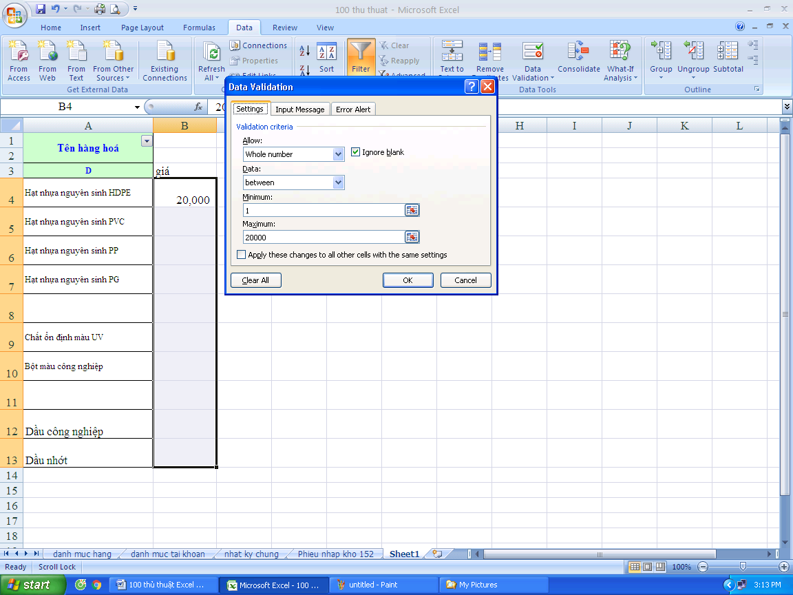 Giới hạn dữ liệu nhập bằng data validation trong excel 1