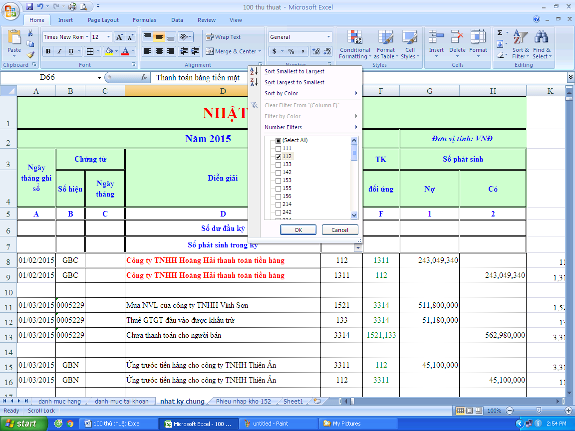 Lọc Excel trong kế toán