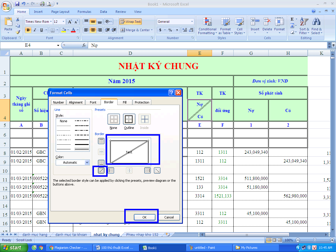 Tạo một đường chéo trong một ô excel 2