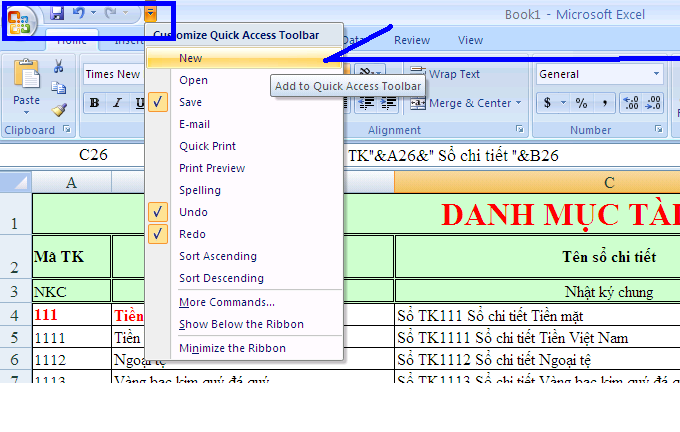 tùy biến quick access toolbar 1