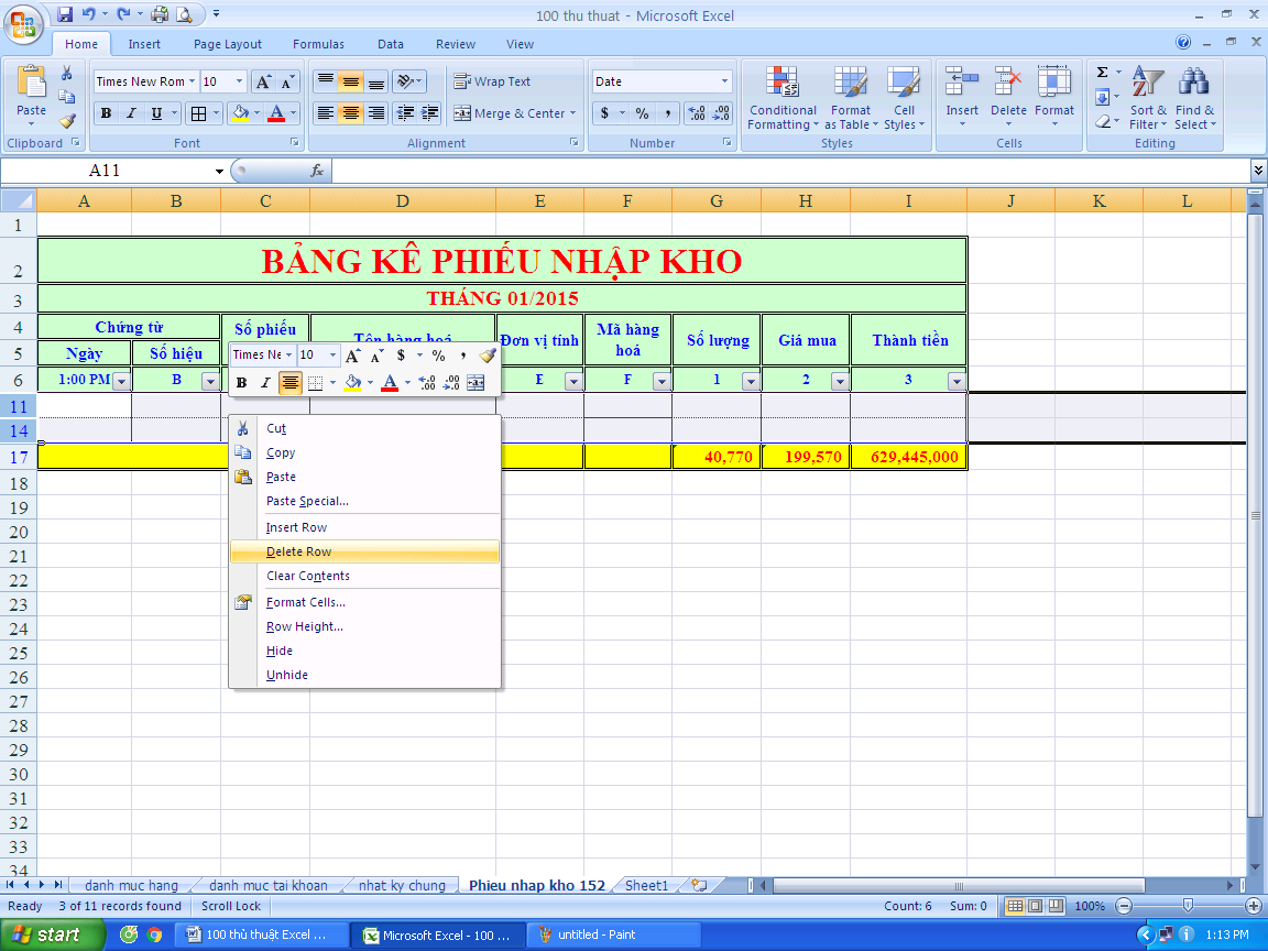 Xóa những ô trống trong một vùng dữ liệu trong excel 2