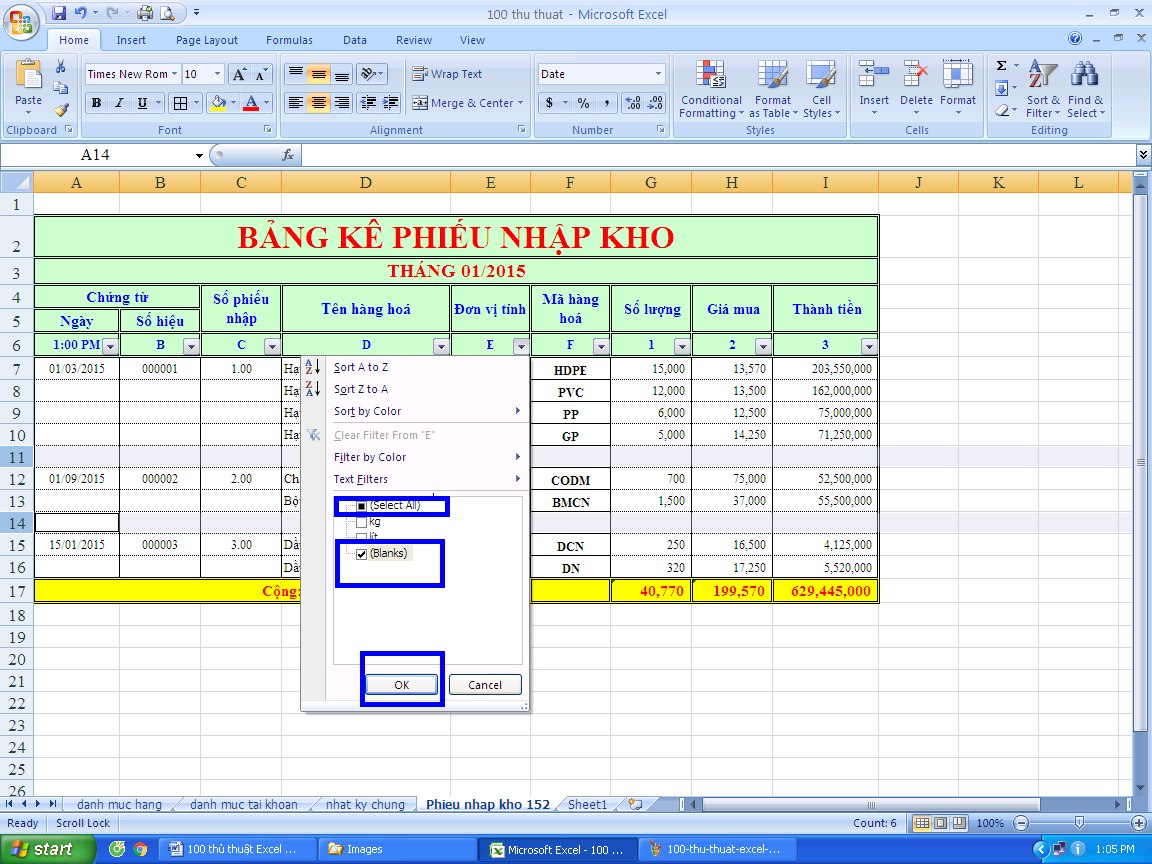 Xóa những ô trống trong một vùng dữ liệu trong excel