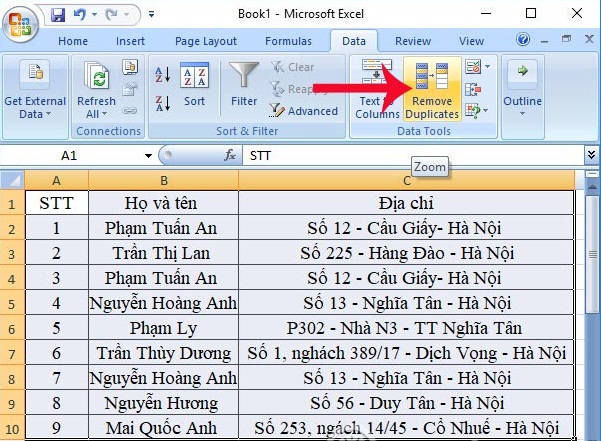 Cách xóa dữ liệu, nội dung trùng lặp trong Excel 1