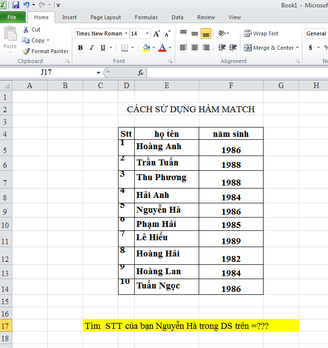 Cách sử dụng hàm MATCH 