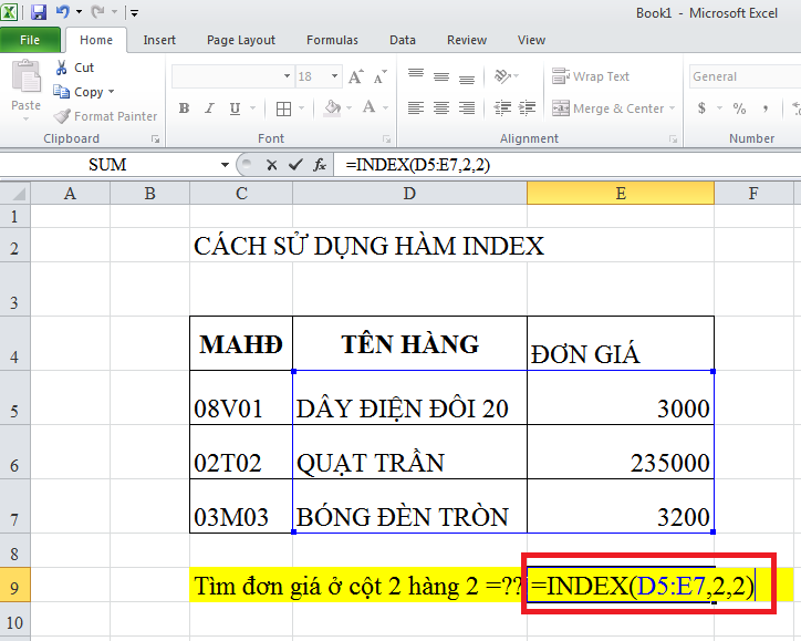 Cách sử dụng hàm INDEX trong excel  1