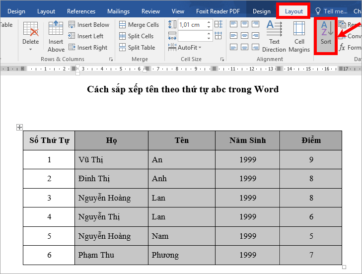 Sắp xếp tên theo thứ tự ABC trong Word7