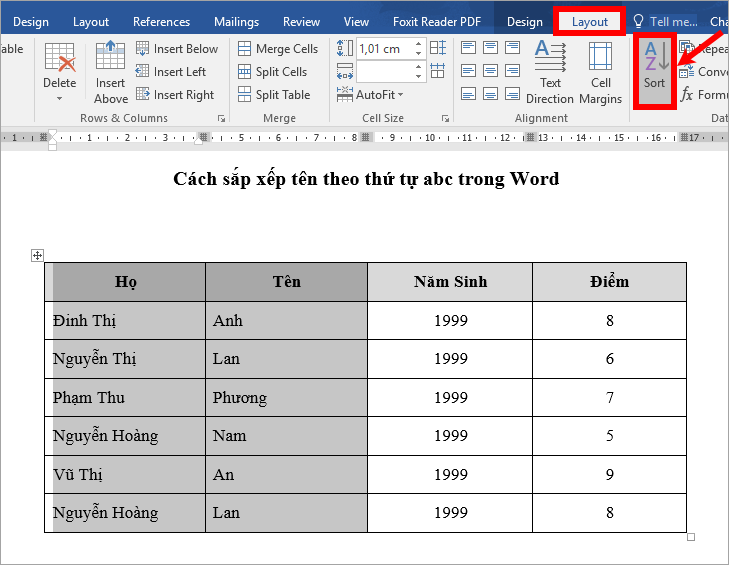 Sắp xếp tên theo thứ tự ABC trong Word 5