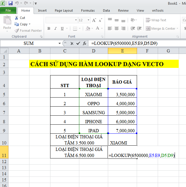 Hàm LOOKUP dạng vector 3