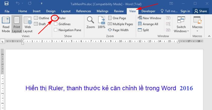 Hô biến thanh Ruler xuất hiện trong văn bản Word 2016