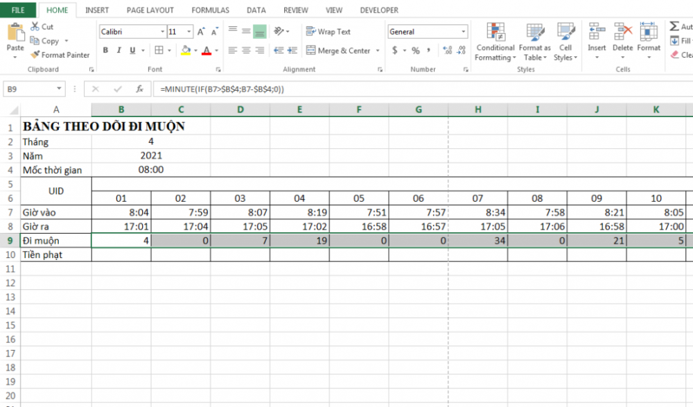 Hướng dẫn cách tính tiền phạt nhân viên đi làm muộn trên Excel