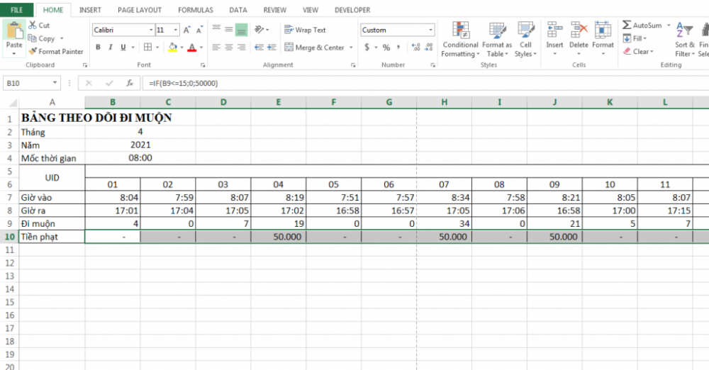 Hướng dẫn cách tính tiền phạt nhân viên đi làm muộn trên Excel