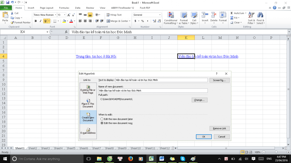 Tạo liên kết hyperlink đến một file excel mới tạo