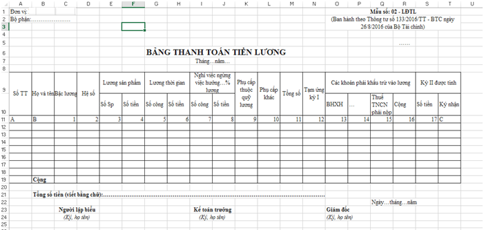 bảng thanh toán tiền lương TT133