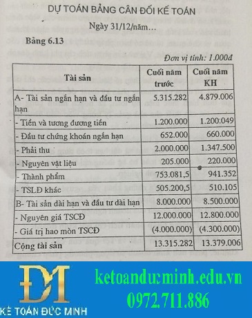  Dự toán bảng cân đối kế toán