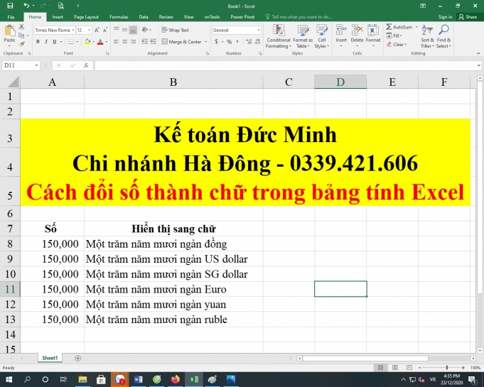Cách đổi số thành chữ trong bảng tính Excel bằng VnTools 2013, 2016 Cách đổi số thành chữ trong bảng tính Excel bằng VnTools 2013, 2016