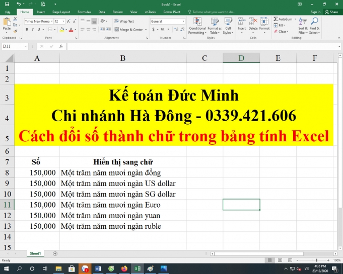 Cách đổi số thành chữ trong bảng tính Excel bằng VnTools 2013, 2016